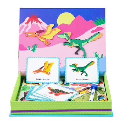 Brinquedos magnéticos da caixa do jogo do livro do dinossauro do enigma de serra de vaivém das crianças para o jardim de infância