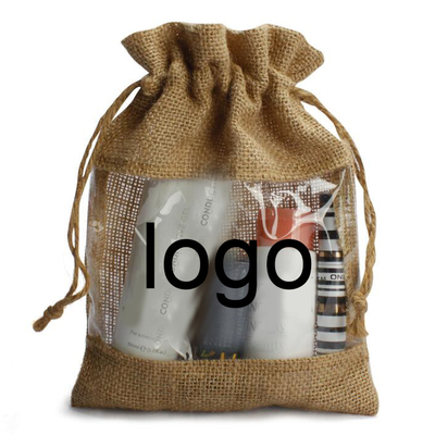 Saco do Natal do cordão de Logo Customized Burlap Favor Bags com janela clara